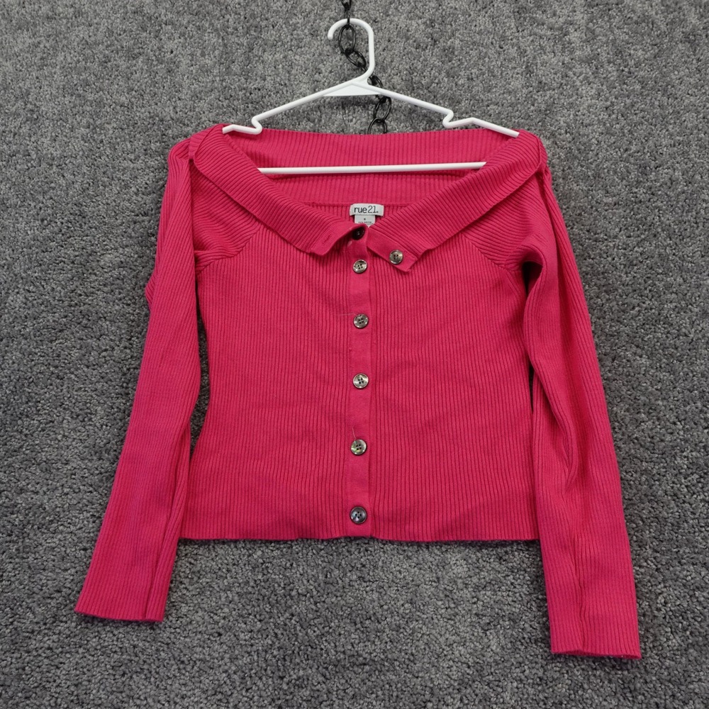 rue21 Cardigan Womens Small Pink Off The Shoulder Ribbed Knit Button Front Top
